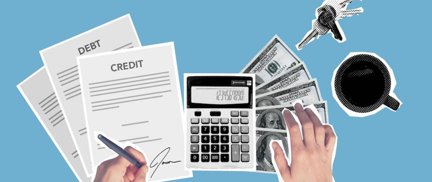 This image features a collage on personal finance management with elements like documents labeled "DEBT" and "CREDIT," a calculator being operated by hands, money, keys, and a coffee cup, all set against a light blue background.